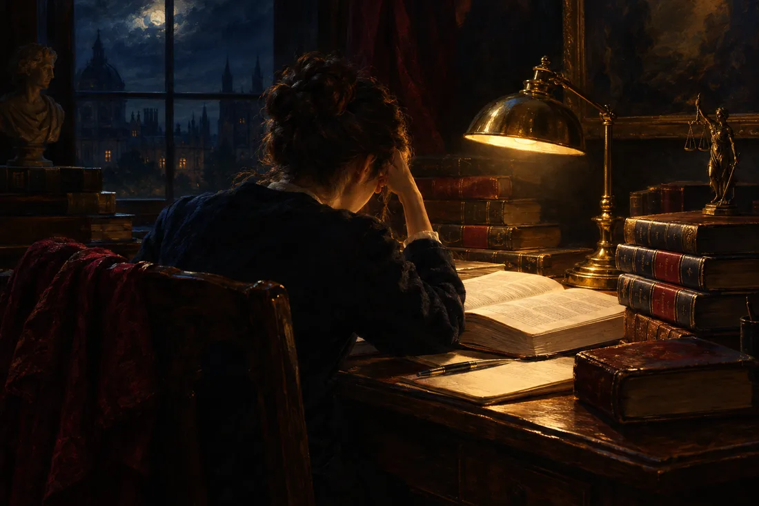 Estudante de Direito lendo à noite, cercada de livros e códigos